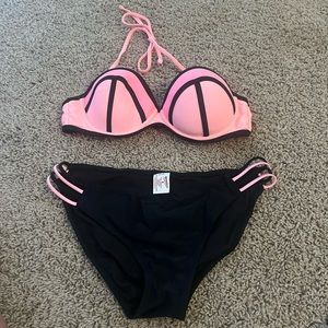 Pink and black bikini